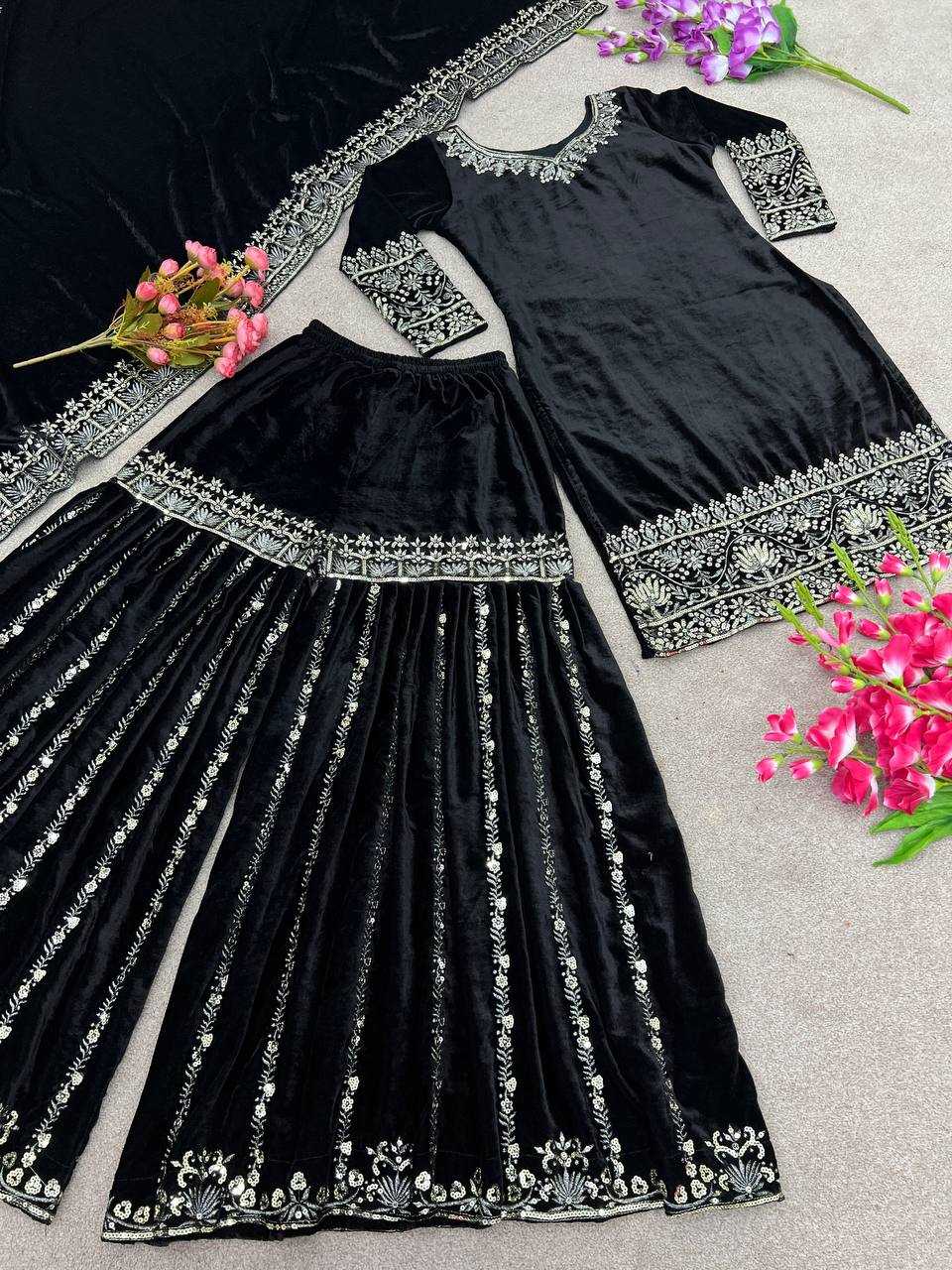 Velvet Kesh121 430 Suits & Dresses  Sharara Salwar Embroidery Velvet Black Salwar Suits