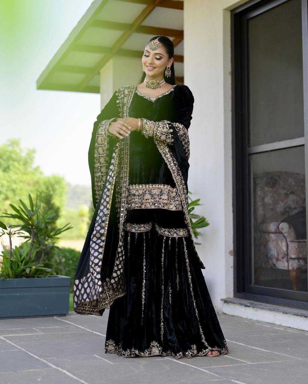 Velvet Kesh121 430 Suits & Dresses  Sharara Salwar Embroidery Velvet Black Salwar Suits