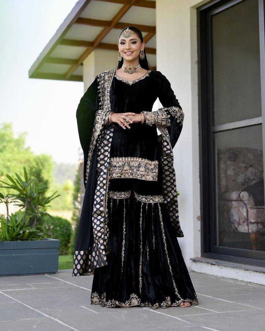 Velvet Kesh121 430 Suits & Dresses  Sharara Salwar Embroidery Velvet Black Salwar Suits