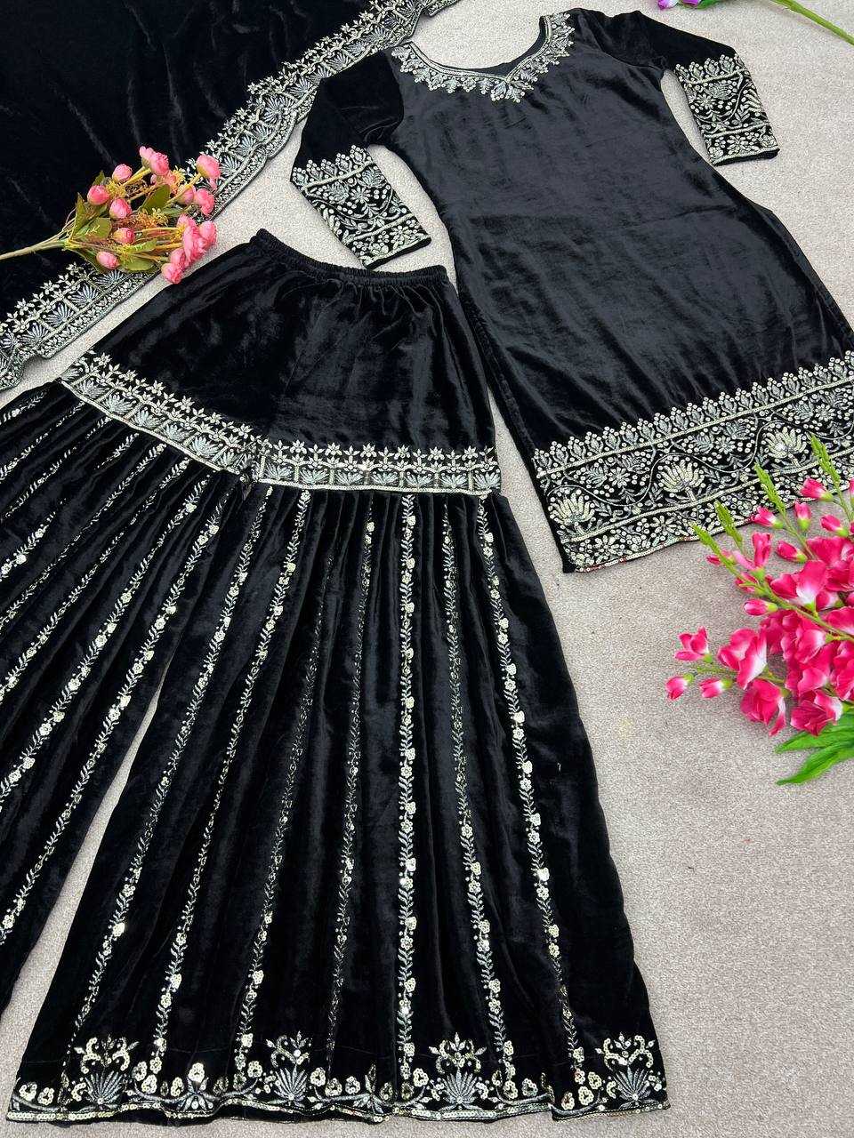 Velvet Kesh121 430 Suits & Dresses  Sharara Salwar Embroidery Velvet Black Salwar Suits