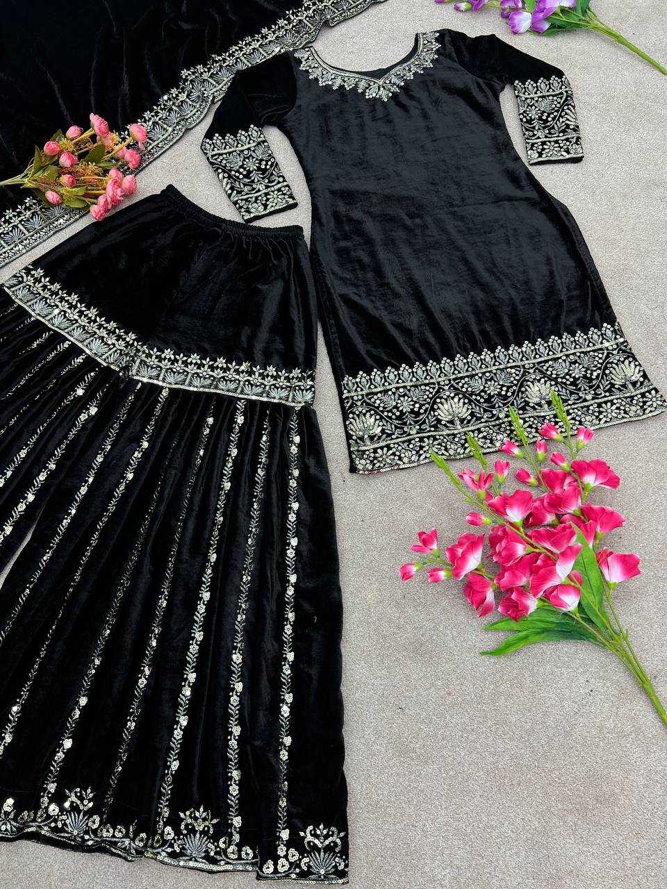 Velvet Kesh121 430 Suits & Dresses  Sharara Salwar Embroidery Velvet Black Salwar Suits