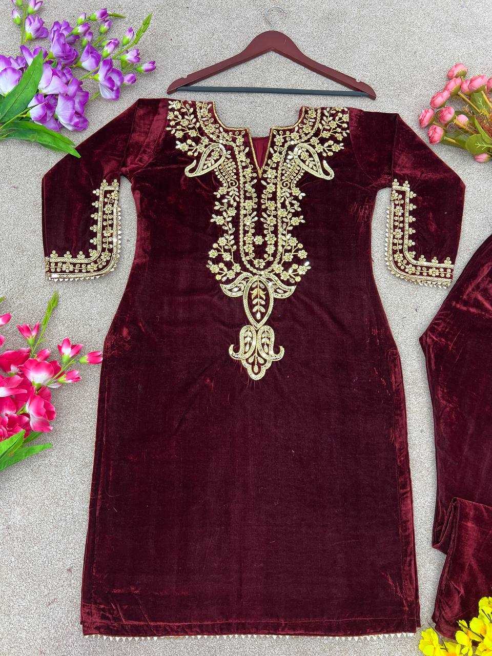 Velvet Kesh123 5104 Suits & Dresses  Festive Fancy Embroidered Silk Full Sleeve Suits