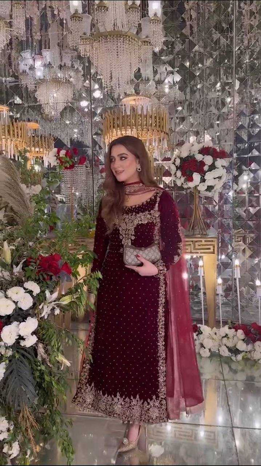 Velvet Kesh124 818 Suits & Dresses  Velvet Embroidery Party Wear Maroon Salwar Suits Manufacture