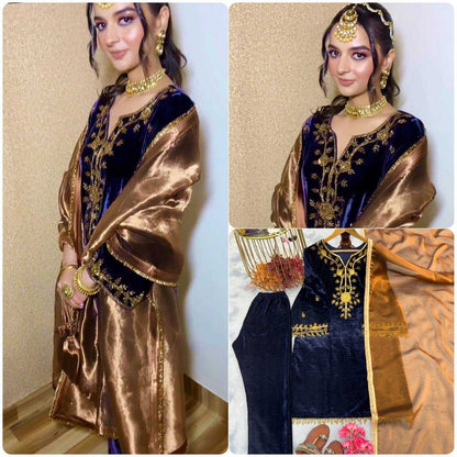 Velvet Kesh141 1066 Suits & Dresses Islamic Clothing  Embroidery Pakistani Velvet Kashmiri Ladies Silk Suits