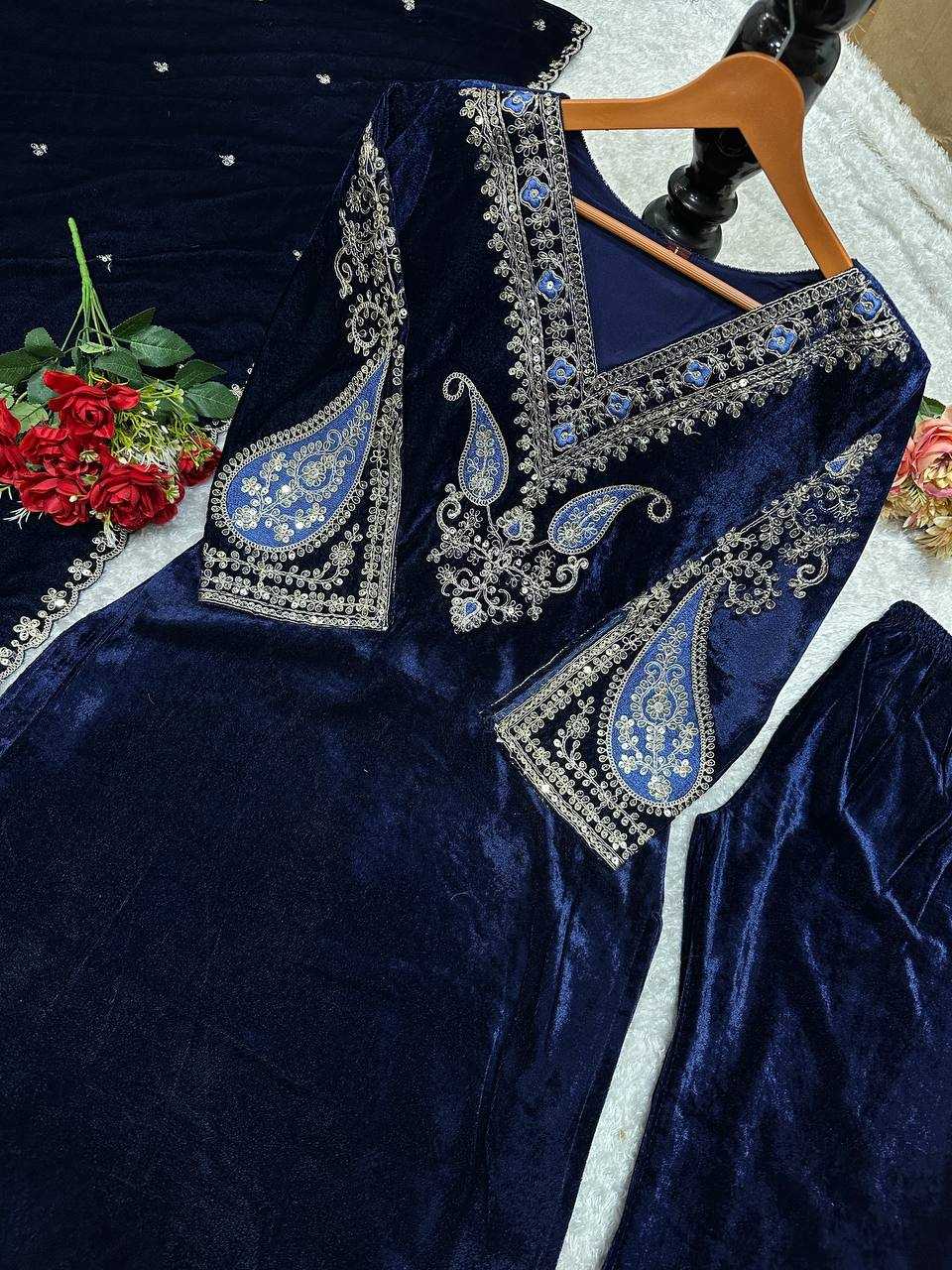 Velvet Kesh147 230 Suits & Dresses  Embroidery Velvet Blue Salwar Long Kurti Suits Manufacture