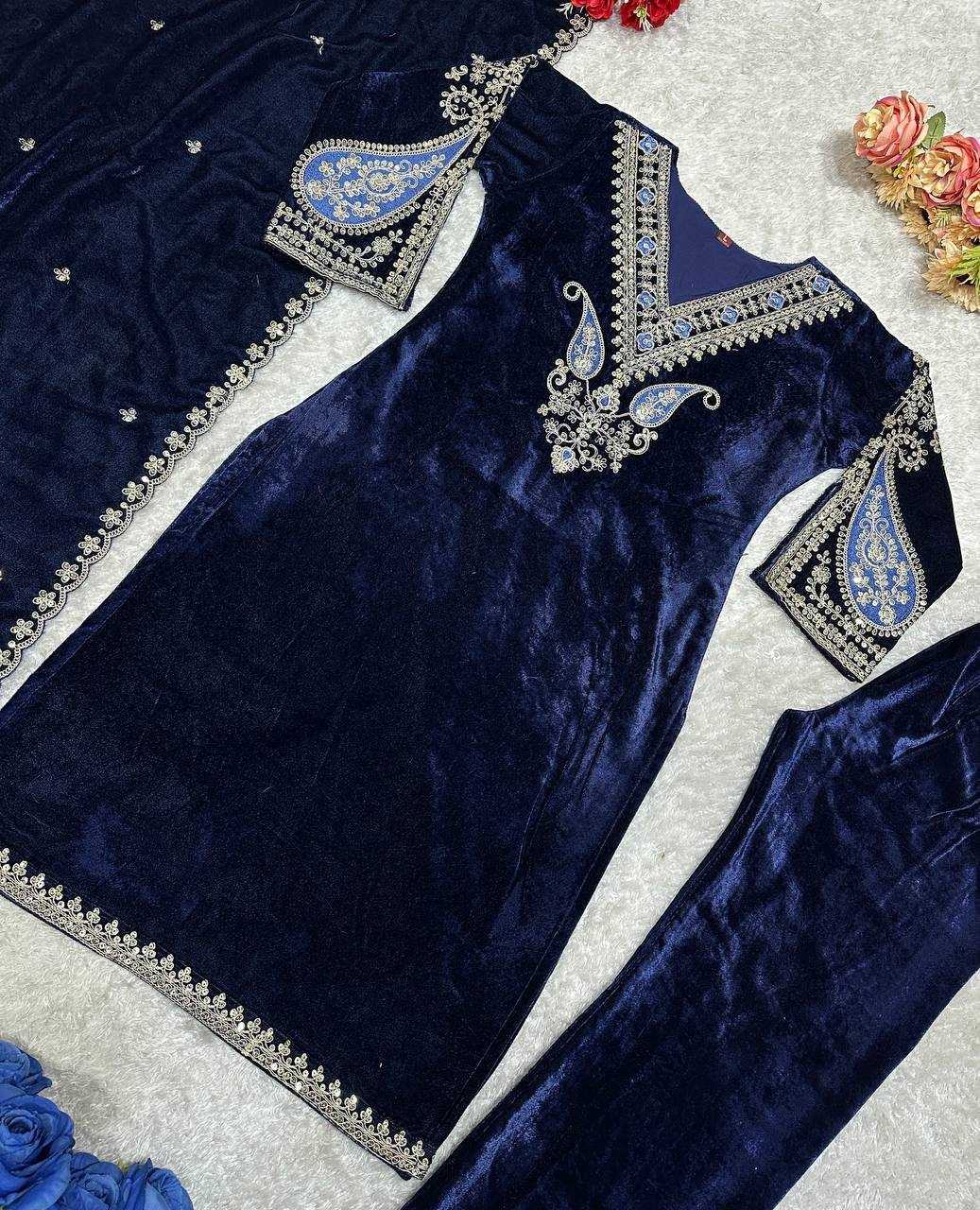 Velvet Kesh147 230 Suits & Dresses  Embroidery Velvet Blue Salwar Long Kurti Suits Manufacture