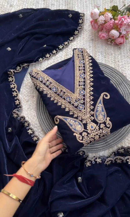 Velvet Kesh147 230 Suits & Dresses  Embroidery Velvet Blue Salwar Long Kurti Suits Manufacture