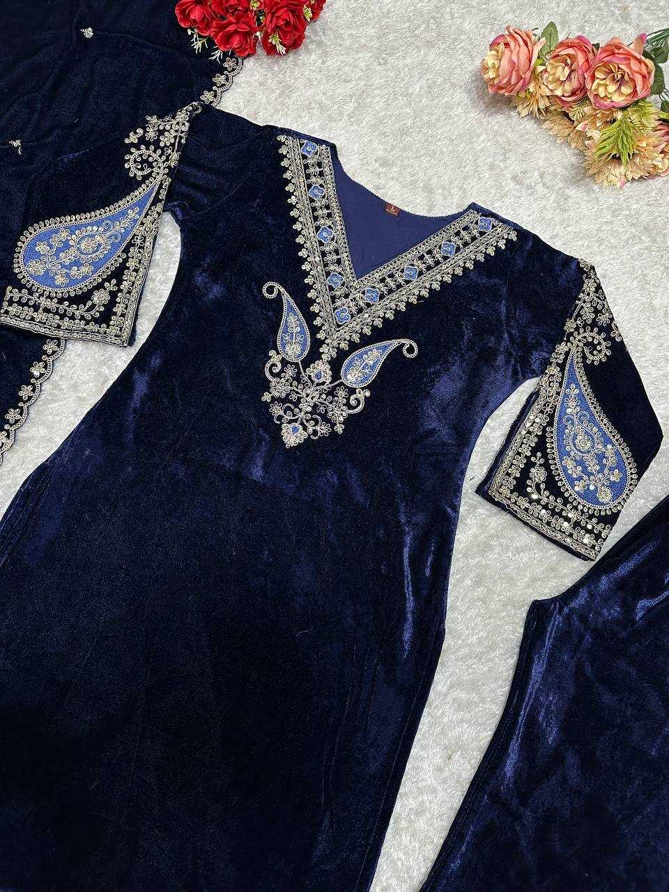 Velvet Kesh147 230 Suits & Dresses  Embroidery Velvet Blue Salwar Long Kurti Suits Manufacture