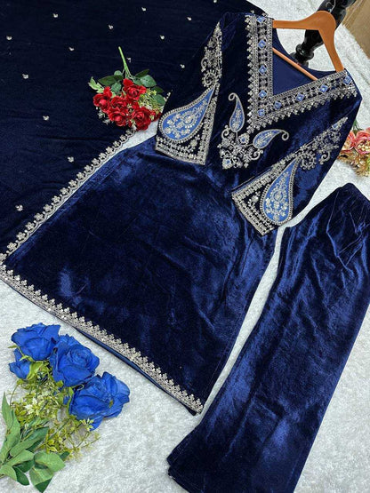 Velvet Kesh147 230 Suits & Dresses  Embroidery Velvet Blue Salwar Long Kurti Suits Manufacture