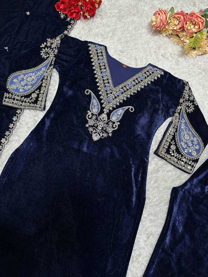 Velvet Kesh147 230 Suits & Dresses  Embroidery Velvet Blue Salwar Long Kurti Suits Manufacture