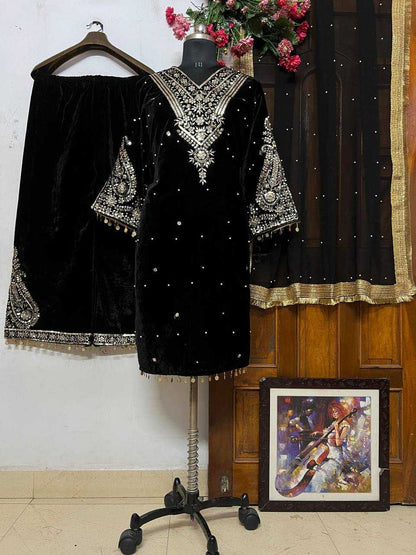 Velvet Kesh149 1158 Suits & Dresses  Kashmiri Velvet Embroidered Palazzo Ladies Silk Suits