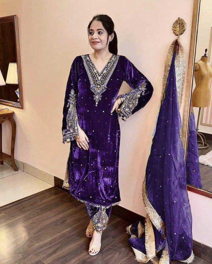 Velvet Kesh149 1158 Suits & Dresses  Kashmiri Velvet Embroidered Palazzo Ladies Silk Suits