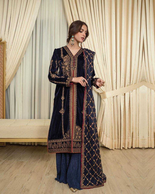 Velvet Kesh150 1166 Suits & Dresses  Velvet Embroidery Palazzo Ladies Silk Zari Work Suits