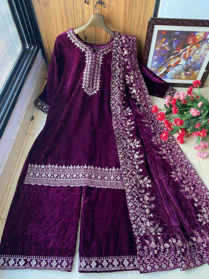 Velvet Kesh150 895 Suits & Dresses  Kashmiri Velvet Embroidery Palazzo Party Wear Suits