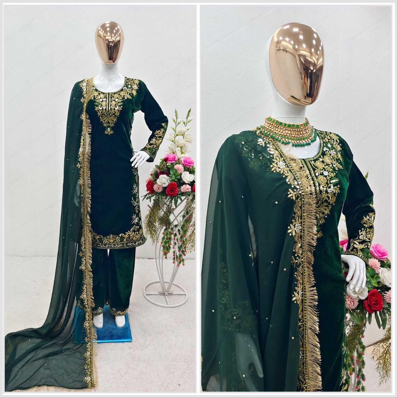 Velvet Kesh156 1032 Suits & Dresses  Kashmiri Velvet Embroidered Ladies Silk Green Salwar Suits