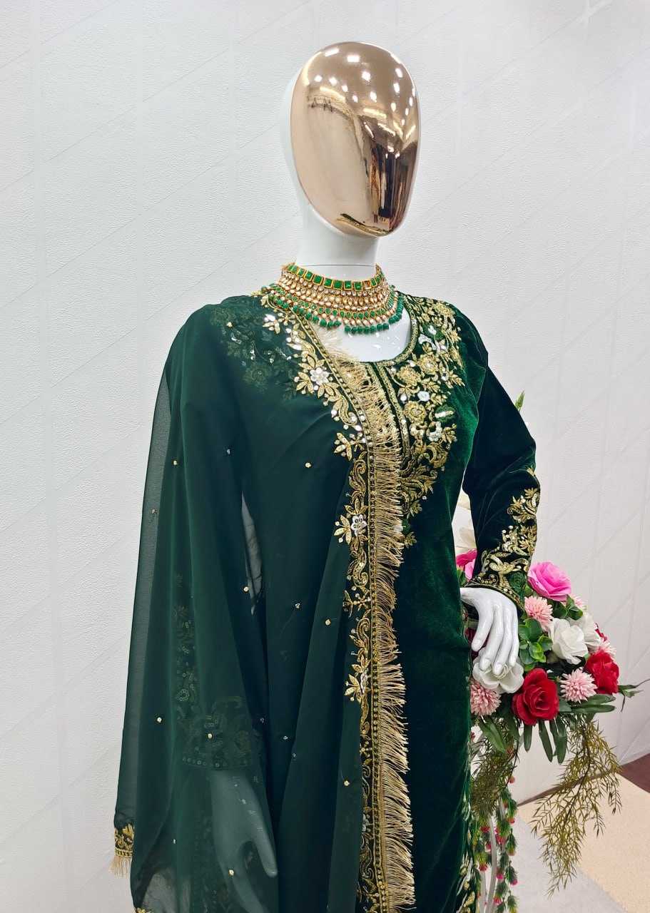 Velvet Kesh156 1032 Suits & Dresses  Kashmiri Velvet Embroidered Ladies Silk Green Salwar Suits