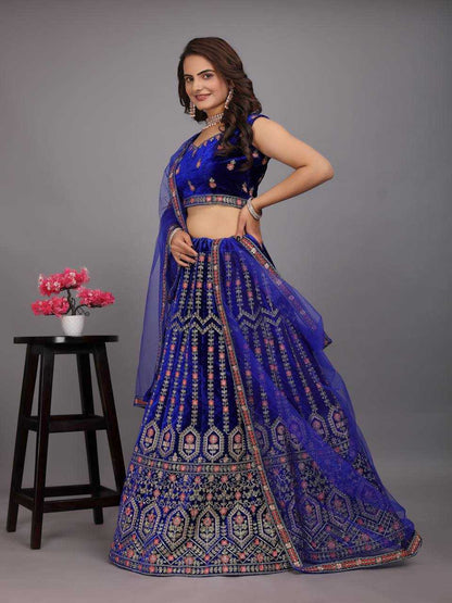 Velvet Kesh164 L48 Lehengas  Desigenr Velvet Wedding Embroidered Blue Lehengas