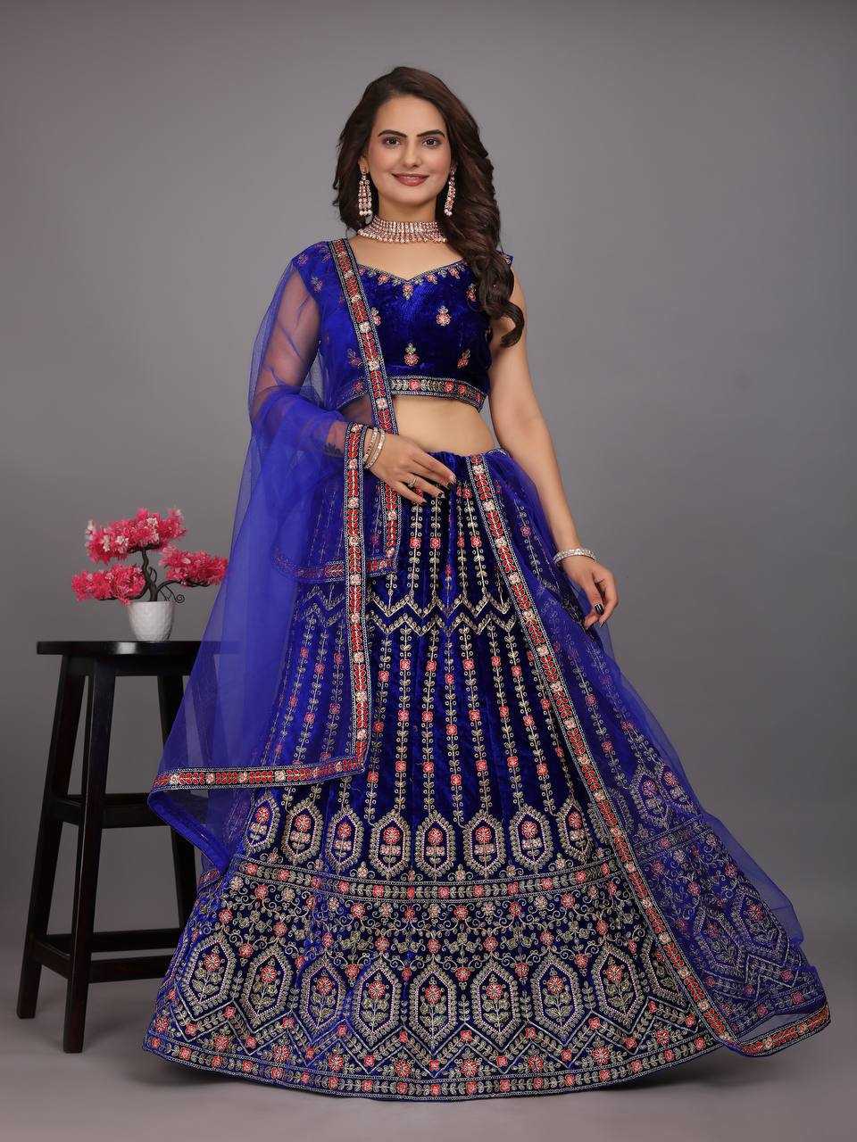 Velvet Kesh164 L48 Lehengas  Desigenr Velvet Wedding Embroidered Blue Lehengas