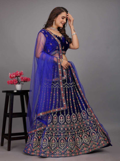 Velvet Kesh164 L48 Lehengas  Desigenr Velvet Wedding Embroidered Blue Lehengas