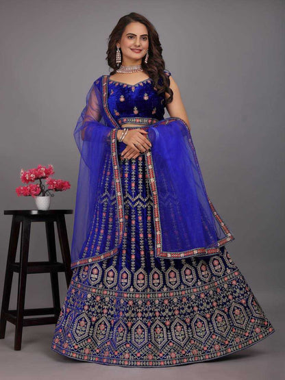 Velvet Kesh164 L48 Lehengas  Desigenr Velvet Wedding Embroidered Blue Lehengas