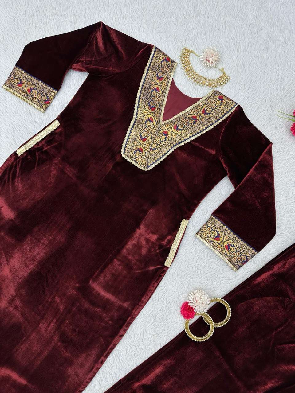 Velvet Rin133 1391 Suits & Dresses  Velvet Embroidery Ladies Silk Zari Work Suits