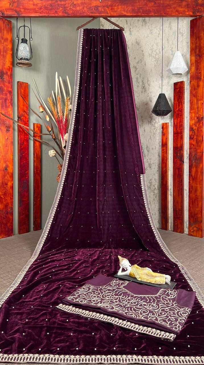 Velvet Rin141 1569 Sarees  Designer Party Wear Velvet Embroidered Viscose Sarees