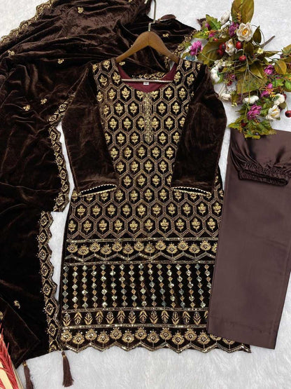 Velvet Rin141 1782 Suits & Dresses  Ladies Silk Velvet Kashmiri Embroidery Suits