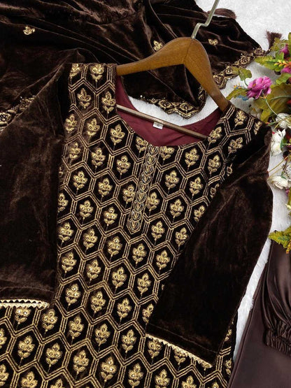 Velvet Rin141 1782 Suits & Dresses  Ladies Silk Velvet Kashmiri Embroidery Suits