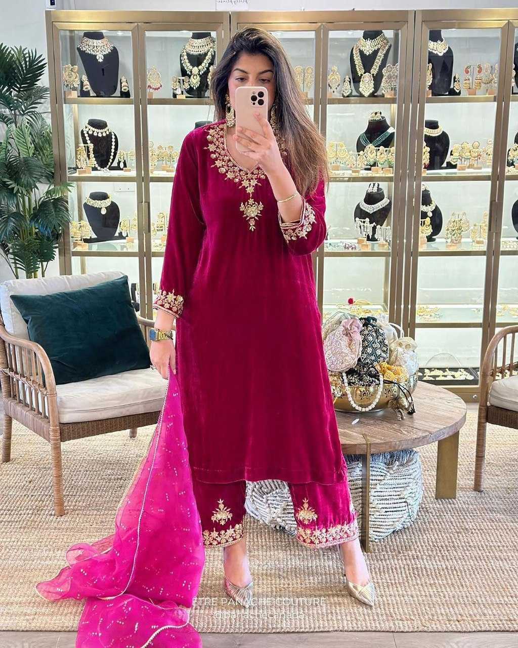 Velvet Rin141 1785 Suits & Dresses  Kashmiri Velvet Embroidery Ladies Silk Zari Work Suits