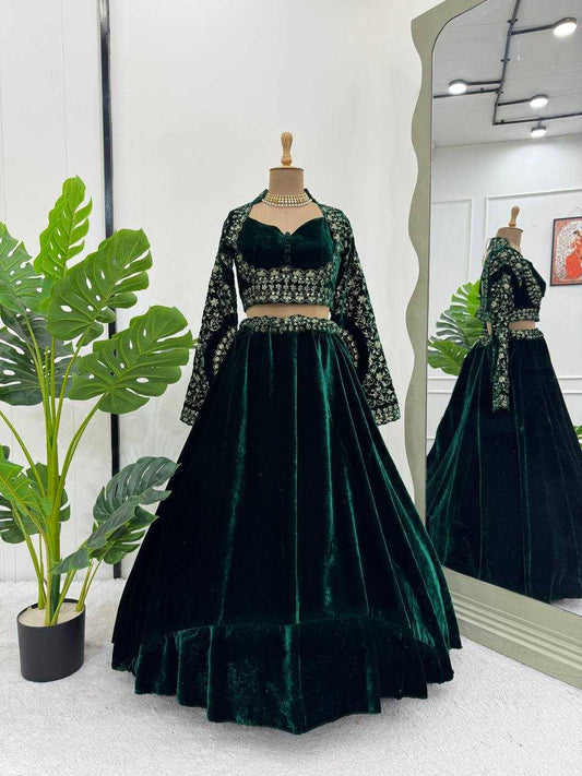 Velvet Rin162 302 Lehengas  Green Sequins Velvet Lehengas