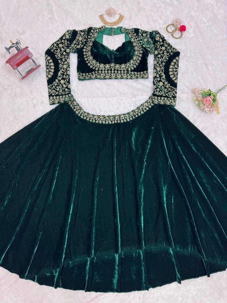 Velvet Rin162 302 Lehengas  Green Sequins Velvet Lehengas