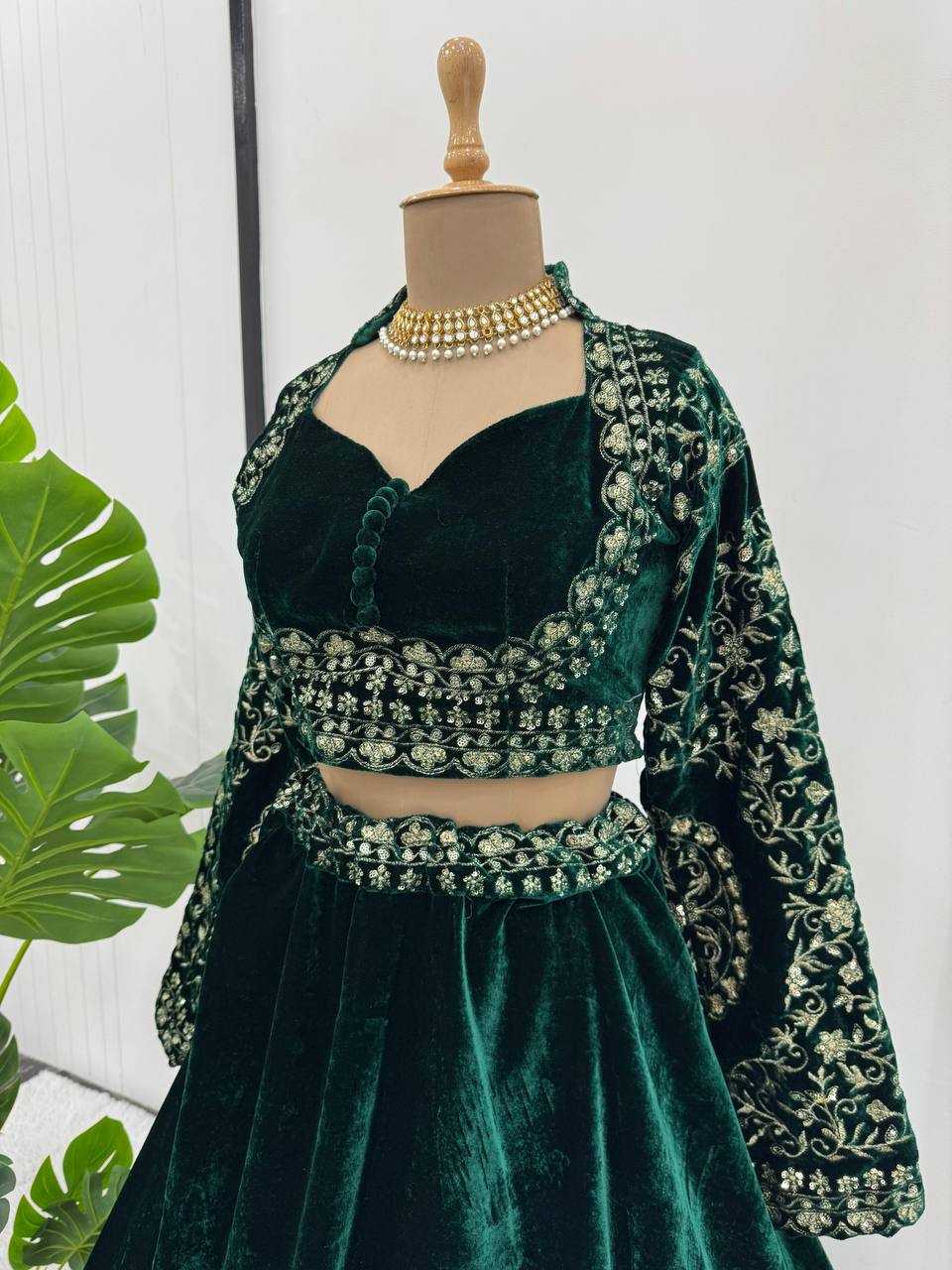 Velvet Rin162 302 Lehengas  Green Sequins Velvet Lehengas