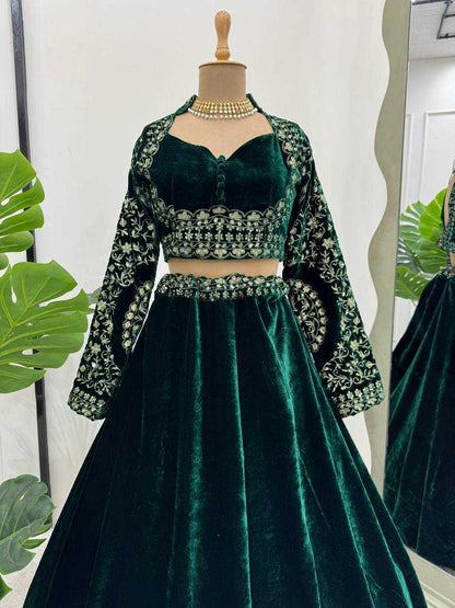 Velvet Rin162 302 Lehengas  Green Sequins Velvet Lehengas