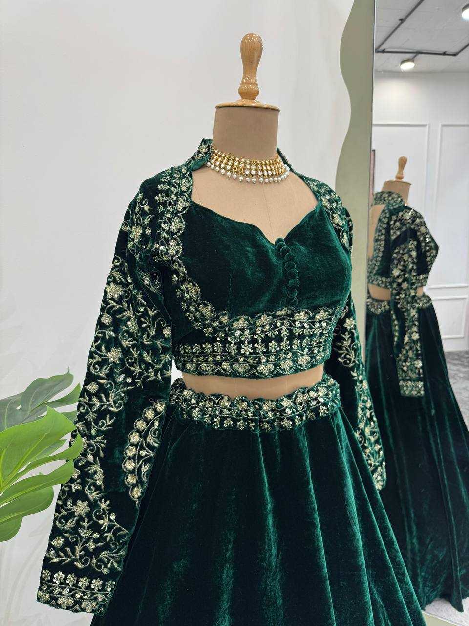 Velvet Rin162 302 Lehengas  Green Sequins Velvet Lehengas