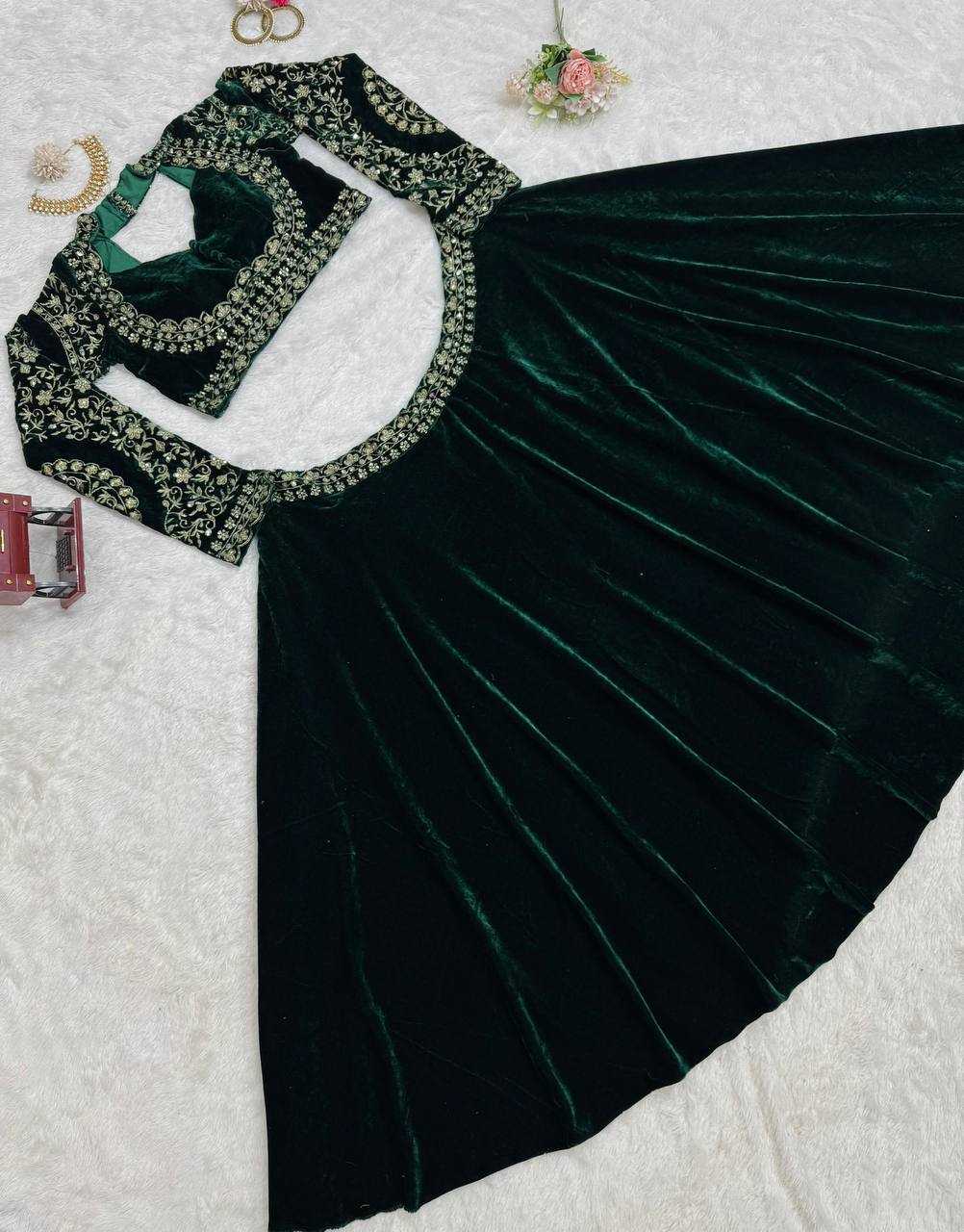 Velvet Rin162 302 Lehengas  Green Sequins Velvet Lehengas