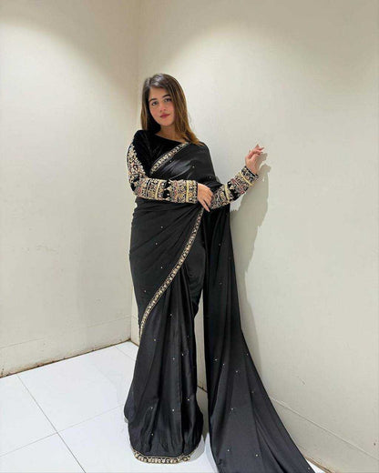 Velvet Rin181 403 Sarees  Party Wear Velvet Embroidered Black Sarees