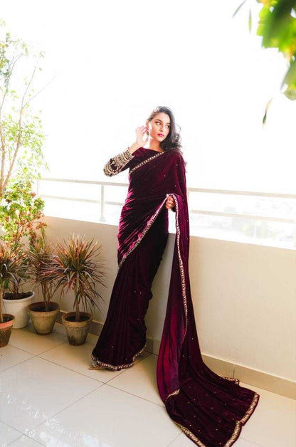 Velvet Rin181 403 Sarees  Party Wear Velvet Embroidered Black Sarees