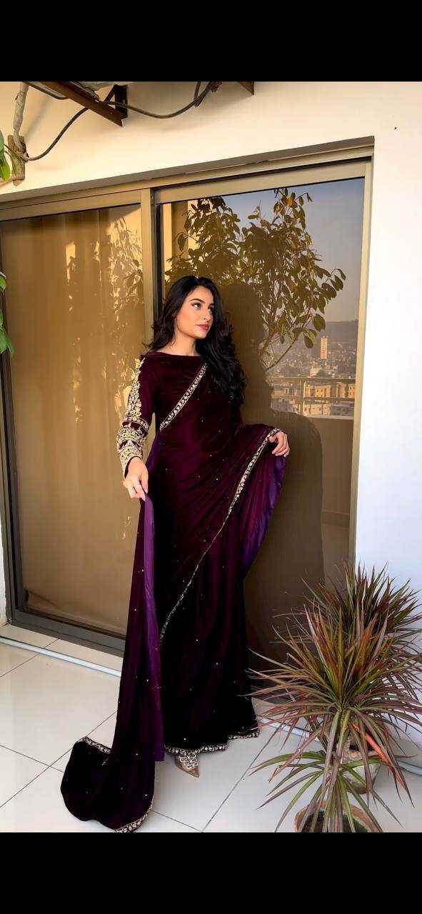 Velvet Rin181 403 Sarees  Party Wear Velvet Embroidered Black Sarees