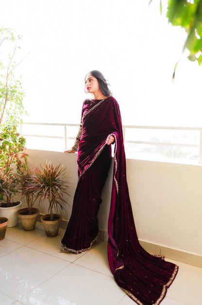 Velvet Rin181 403 Sarees  Party Wear Velvet Embroidered Black Sarees