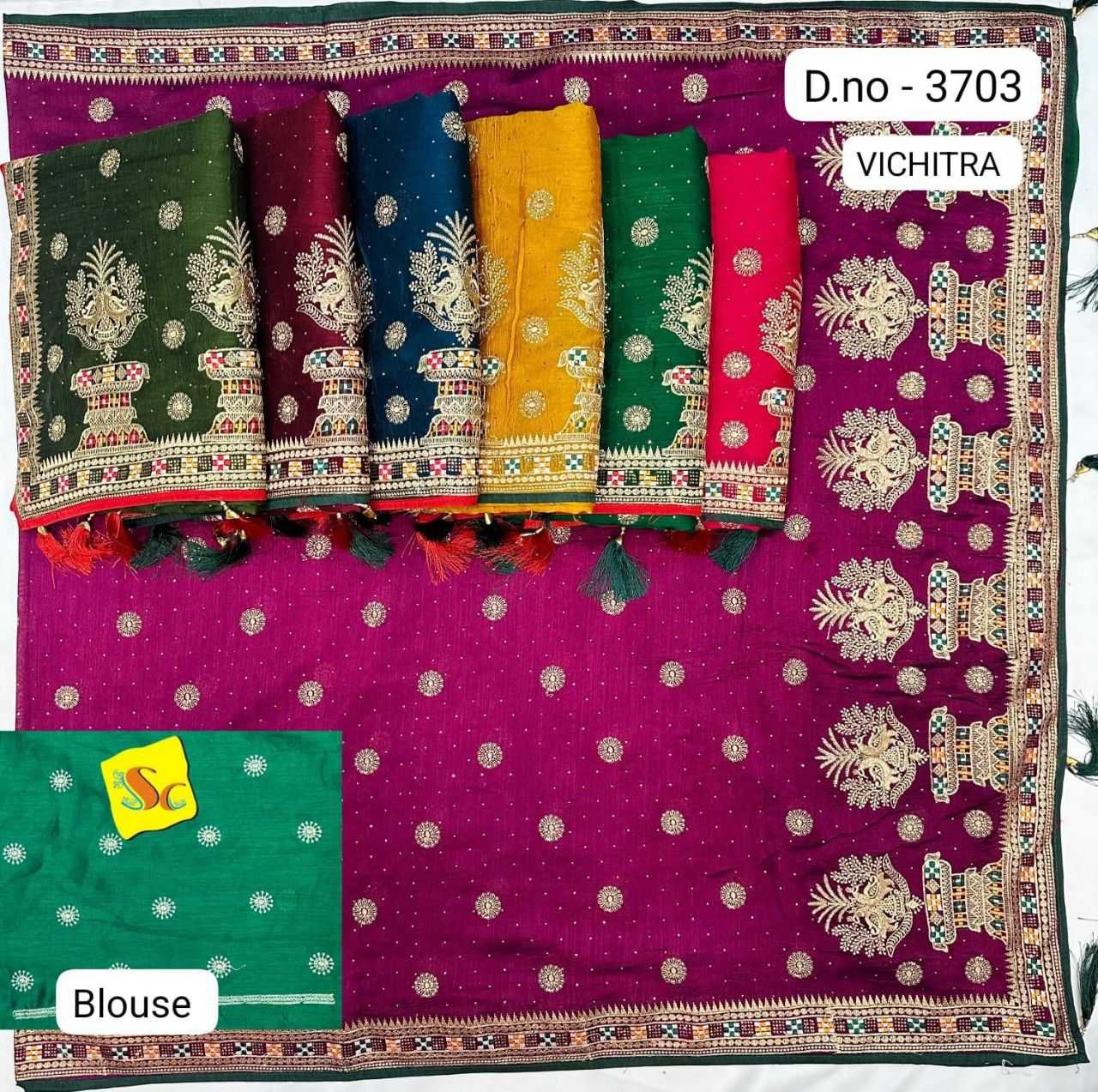 Vichitra Silk Kesh114 3703 Sarees  Embroidered Stone Work Zari Border Wedding Sarees