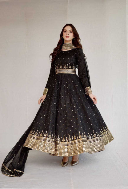 Vichitra Silk Kesh208 077 Gowns  Embroidery Anarkali Long Silk Full Sleeve Black Gowns