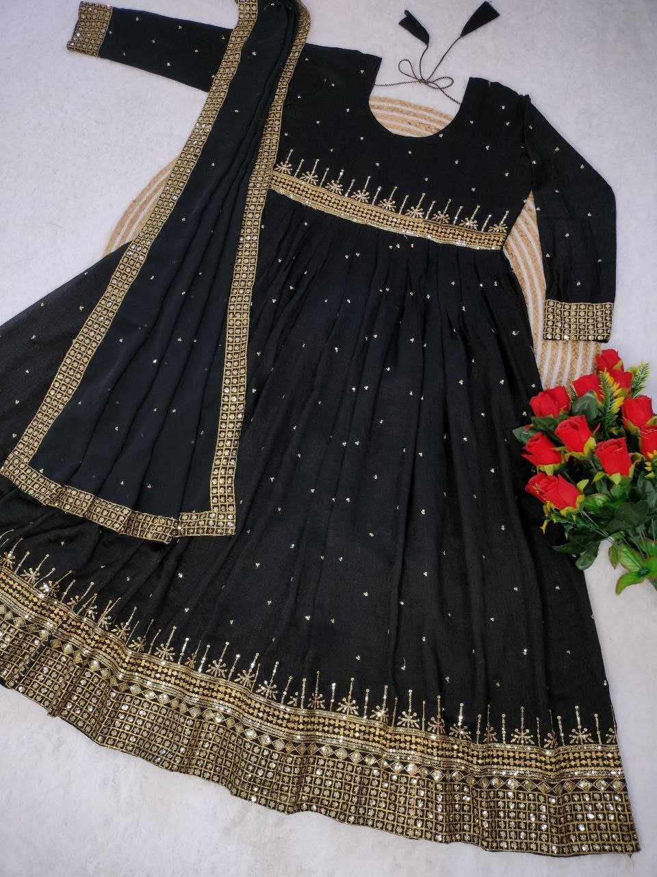 Vichitra Silk Kesh208 077 Gowns  Embroidery Anarkali Long Silk Full Sleeve Black Gowns