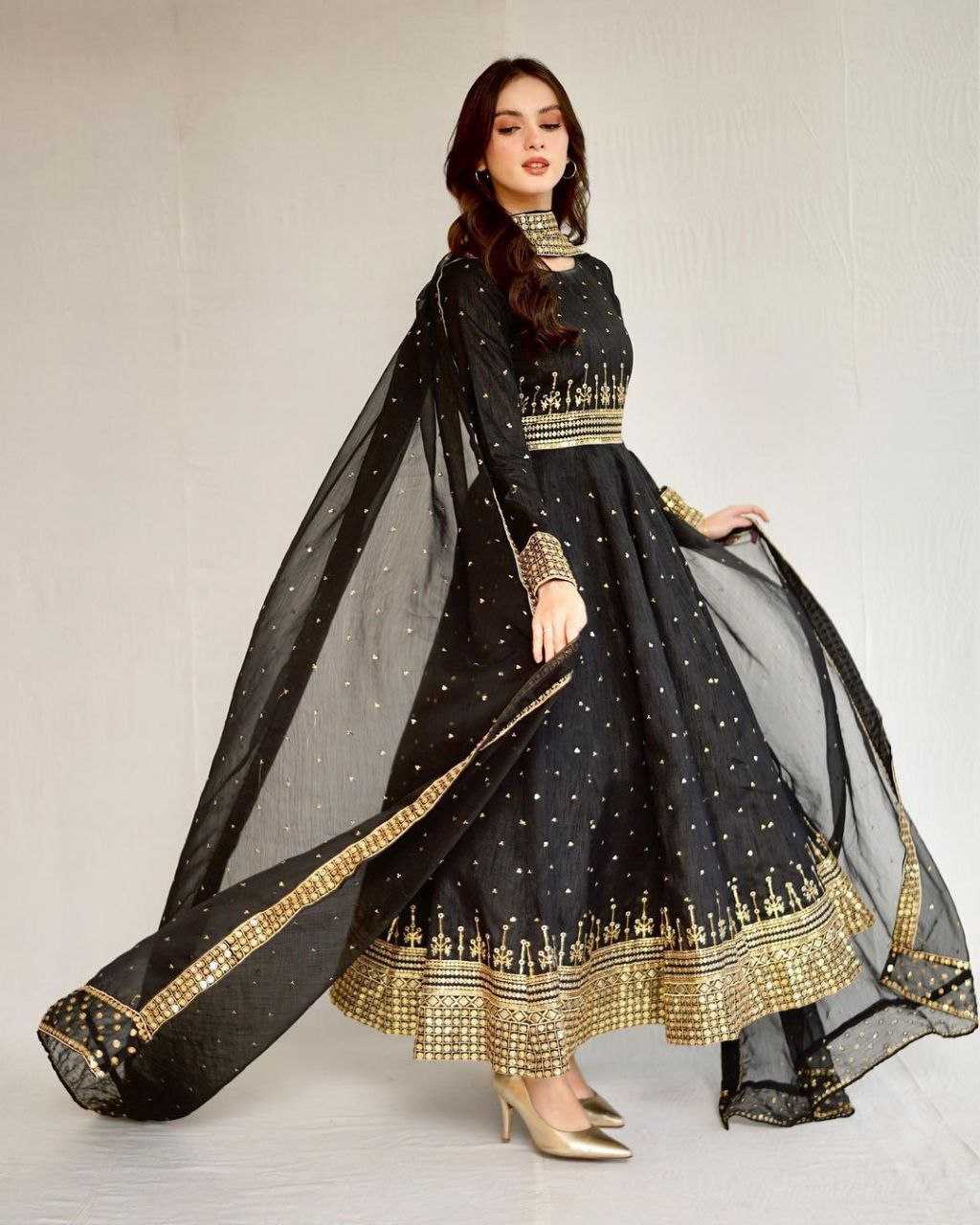 Vichitra Silk Kesh208 077 Gowns  Embroidery Anarkali Long Silk Full Sleeve Black Gowns