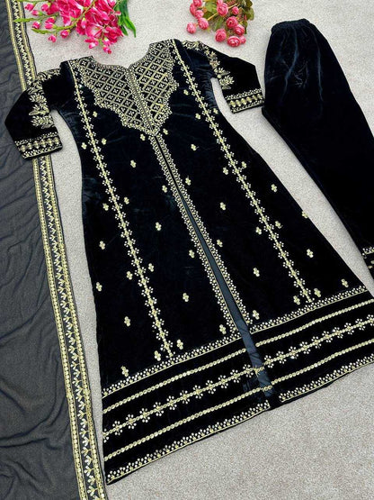 Viscose Kesh123 5098 Suits & Dresses Islamic Clothing  Pakistani Velvet Embroidered Black Salwar Suits