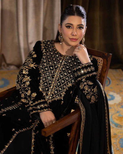 Viscose Kesh123 5098 Suits & Dresses Islamic Clothing  Pakistani Velvet Embroidered Black Salwar Suits