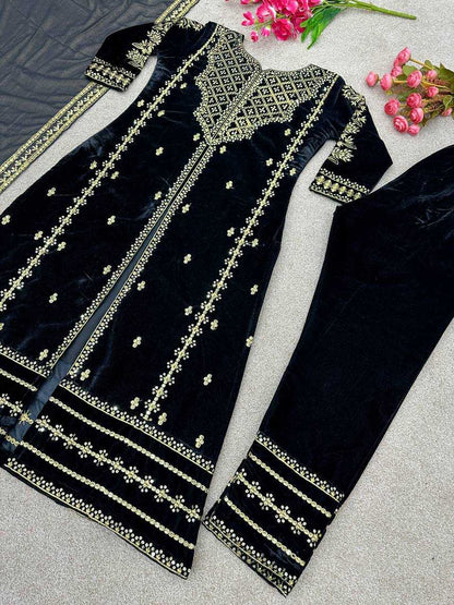 Viscose Kesh123 5098 Suits & Dresses Islamic Clothing  Pakistani Velvet Embroidered Black Salwar Suits