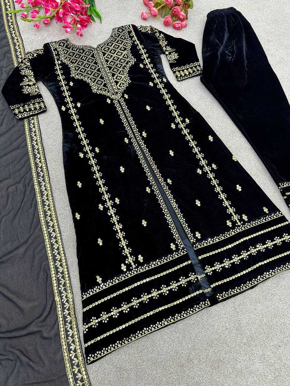 Viscose Kesh123 5098 Suits & Dresses Islamic Clothing  Pakistani Velvet Embroidered Black Salwar Suits