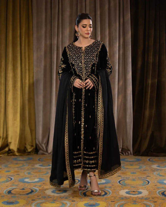 Viscose Kesh123 5098 Suits & Dresses Islamic Clothing  Pakistani Velvet Embroidered Black Salwar Suits