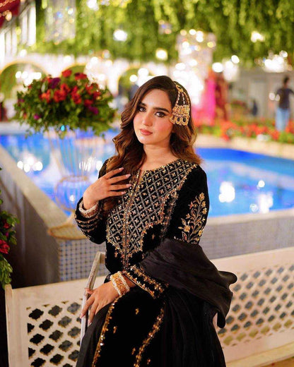 Viscose Kesh123 5098 Suits & Dresses Islamic Clothing  Pakistani Velvet Embroidered Black Salwar Suits