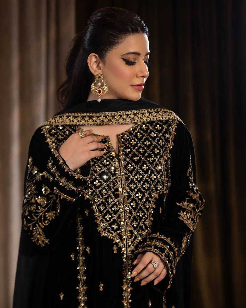 Viscose Kesh123 5098 Suits & Dresses Islamic Clothing  Pakistani Velvet Embroidered Black Salwar Suits